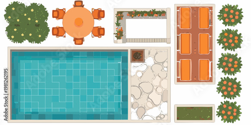 Aerial view of a backyard with a pool patio and garden