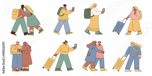 Diverse group of people using phones and traveling with luggage