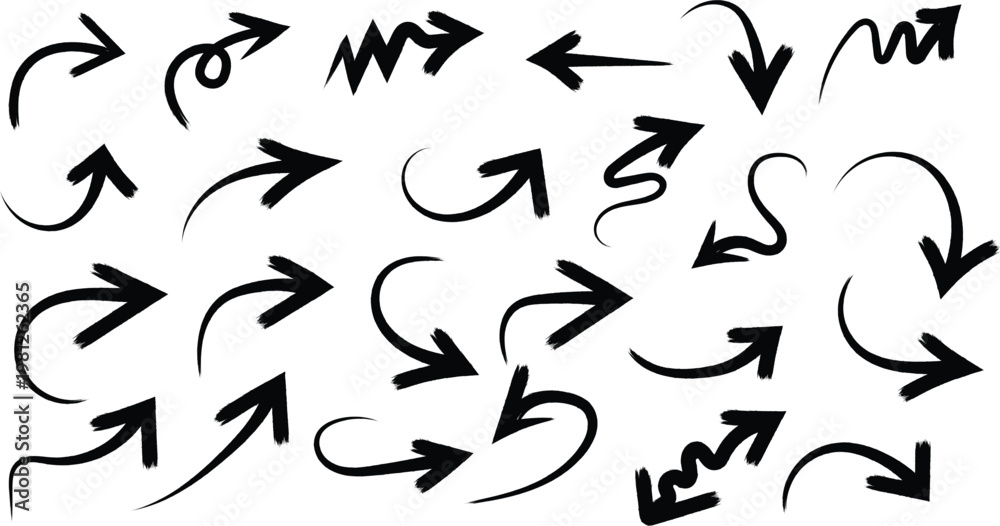 Fototapeta premium Collection of hand-drawn black ink arrows with rough brush strokes on white background
