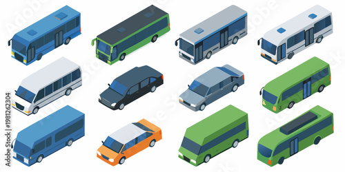 Isometric illustration displaying a variety of public and private transport vehicles