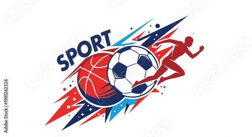 Sports balls and athlete in motion.