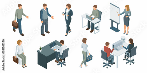 Isometric illustration depicting diverse professionals collaborating in modern office settings