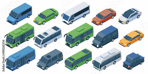 Isometric illustration of diverse public and private transportation vehicles