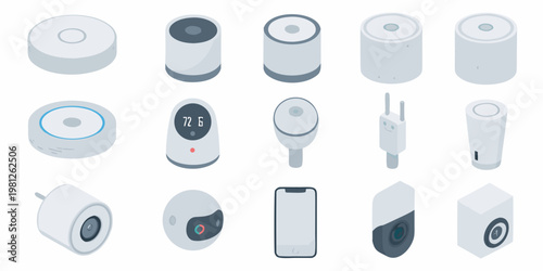 Isometric view of various modern smart home devices and technologies