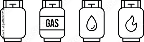 Four stylized gas cylinder with different symbols flame drop text gas outline simple