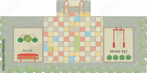 Aerial view of a colorful playground with slides swings and climbing structures