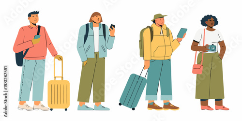 Four diverse people with luggage stand in a line traveling