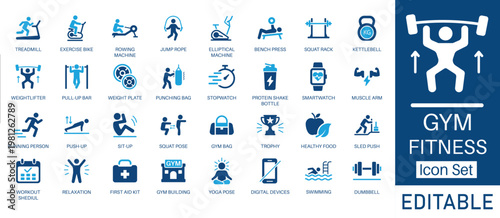 Gym, Fitness, and Workout solid icon set. Contains symbols for Treadmill, Dumbbell, Smartwatch, and Yoga Pose. Flat vector design for exercise plans and healthy lifestyle apps.