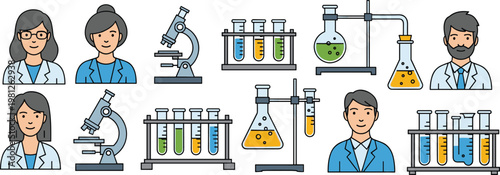Professional Scientists and Laboratory Equipment Vector Set Featuring Male and Female Researchers Microscopes Test Tubes and Flasks Isolated on White Background for Education Designs