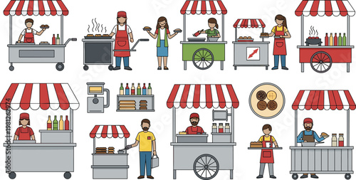 Professional Street Food Cart and Vendor Vector Set Featuring Diverse Food Stalls Sellers and Fast Food Elements Isolated on White Background for Business Designs