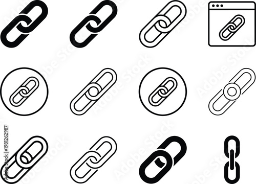 Link and chain icon set, hyperlink and connection symbols in black line art, web UI chain links solid and outline icons, vector illustration for SEO networking and digital marketing design
