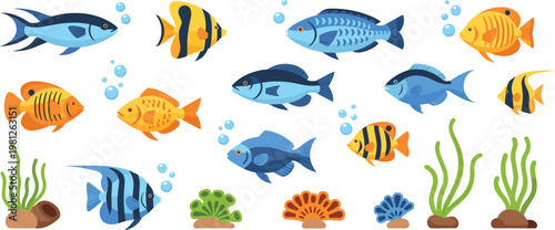 Professional Tropical Fish and Marine Life Vector Set Featuring Diverse Colorful Aquarium Fishes Coral Reefs and Aquatic Plants Isolated on White Background for Ocean Designs