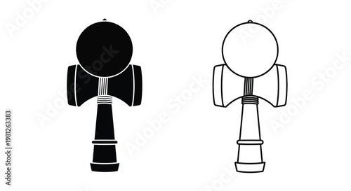 Two depictions of a kendama one solid and one outline silhouette