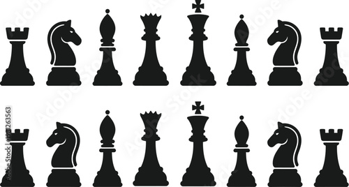 Chess Piece Silhouette Vector Pack Featuring Black Classic Icons of Complete Set in Starting Position, Strategy Board Game Elements for Logic Puzzles, Educational Use, and Competitive Design Projects