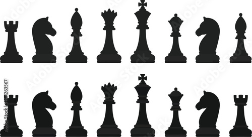 Chess Piece Silhouette Vector Pack Featuring Black Classic Icons of Complete Set in Starting Position, Strategy Board Game Elements for Logic Puzzles, Educational Use, and Competitive Design Projects