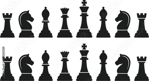 Chess Piece Silhouette Vector Pack Featuring Black Classic Icons of Complete Set in Starting Position, Strategy Board Game Elements for Logic Puzzles, Educational Use, and Competitive Design Projects