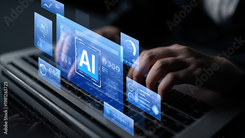 Photos Comprehensive AI monitoring dashboard featuring neural network brain AI core surrounded by various AI data analytics widgets, charts, and voice recognition UI
