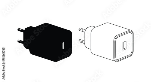 Two depictions of a power adapter one as a stark silhouette