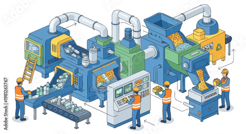Industrial Plastic Bottle Recycling Plant with Workers Sorting and Processing Waste for Sustainable Resource Recovery and Environmental Protection