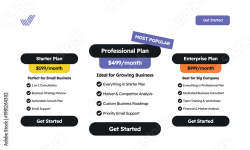 Modern pricing table vector template, professional subscription plan comparison UI, business service pricing tiers for web design and landing pages