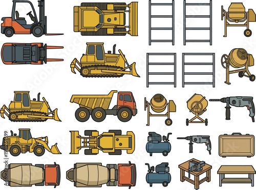 Construction machinery icon set, flat vector heavy equipment, including excavator, bulldozer, loader, dump truck, mixer, forklift and tools, colorful industrial illustration for engineering