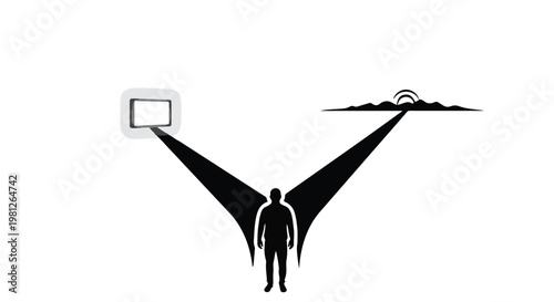 man looking at television screen with mountain landscape