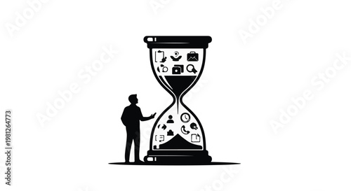 businessman standing next to hourglass with icons