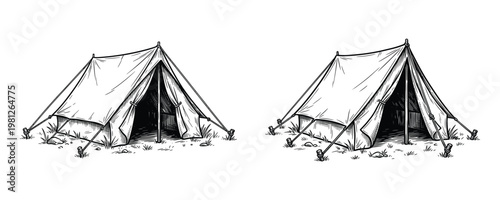 Two black and white line of camping tents on grassy ground