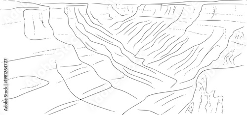 Minimalist line of a grand canyon landscape white background, nature outline