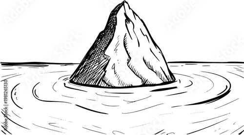 Hand drawn of an iceberg floating in rippling water white background, ocean