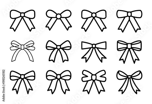 Collection of hand-drawn black outline bow a white background, ribbon gift decoration