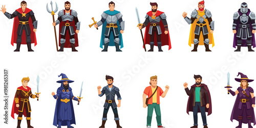 Fantasy Character Vector Set Featuring Medieval Knights In Armor Brave Warriors With Swords Wizards In Robes And Heroic Adventurers For Gaming Roleplay And Epic Graphic Designs