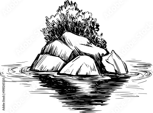 Hand-drawn black and white of rocky island with vegetation in rippling water nature
