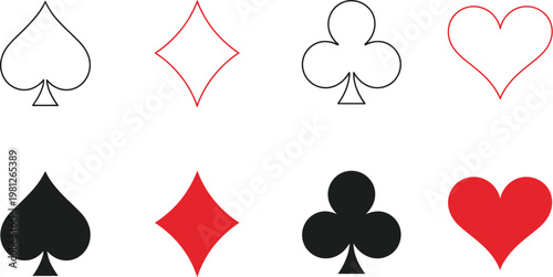 Classic Playing Card Icon Set in Red and Black Featuring Hearts, Diamonds, Clubs, and Spades, Clean Vector Illustration with Transparency, Perfect for Casino Graphics, Online Games, Apps, and Creative
