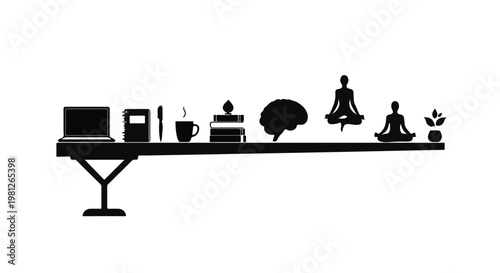 black silhouette of desk with office supplies and yoga practice