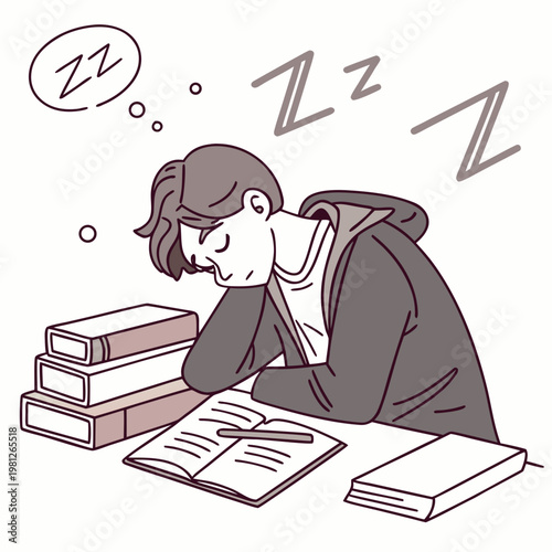 A student falls asleep while studying with books piled up around him