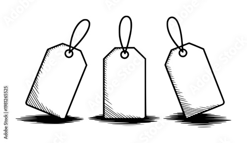 Blank, hand-drawn price tags with string, casting shadows white background label