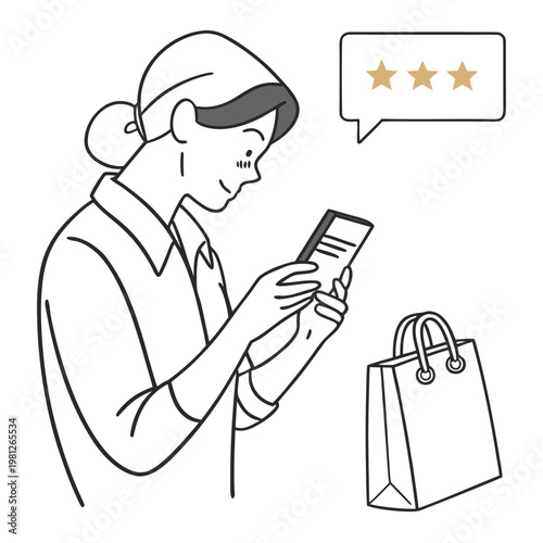A woman reviews her shopping experience on her phone with a satisfied threestar rating and a shopping bag nearby