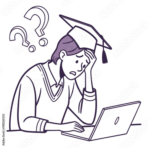 A stressed student wearing a graduation cap sits at a laptop with question marks above her head, looking confused and frustrated while trying to study or complete an assignment