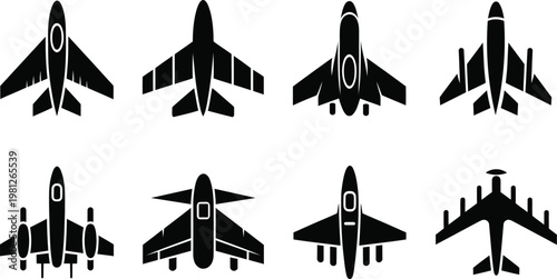 Collection of fighter jet silhouettes top view illustration with air force