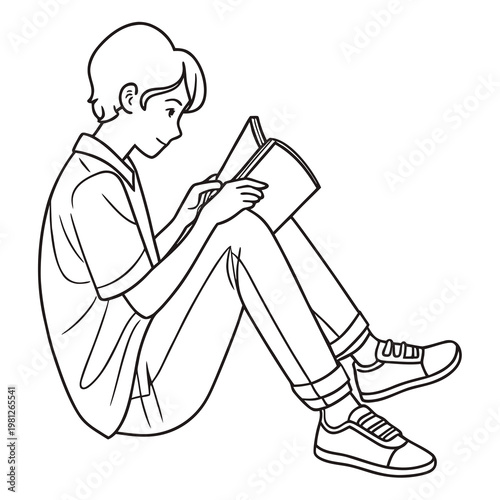 A black and white illustration of a boy sitting on the floor reading a book