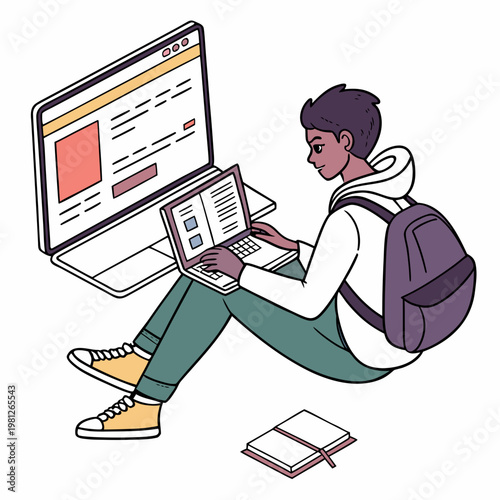 A cartoon illustration of a student sitting with a laptop and a large computer monitor with books on the floor