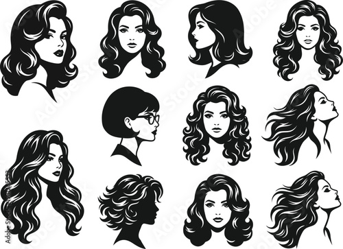 Female head portrait icon set, black and white hairstyle silhouettes with diverse haircuts, bob curly wavy short and long hair styles, beauty salon and fashion vector illustration