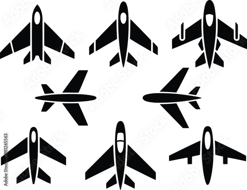 Group of various fighter plane icons top view vector art with air force