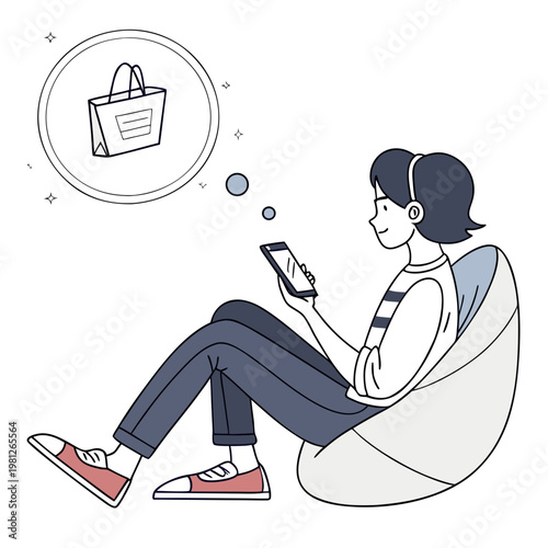 A woman sitting on a bean bag chair using her smartphone with a shopping bag thought bubble above her head