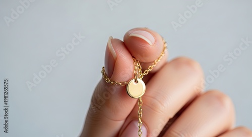 Close-up image of gold necklace clasp held in hand against simple background. Delicate gold jewelry showcases intricate design, representing elegance and luxury.