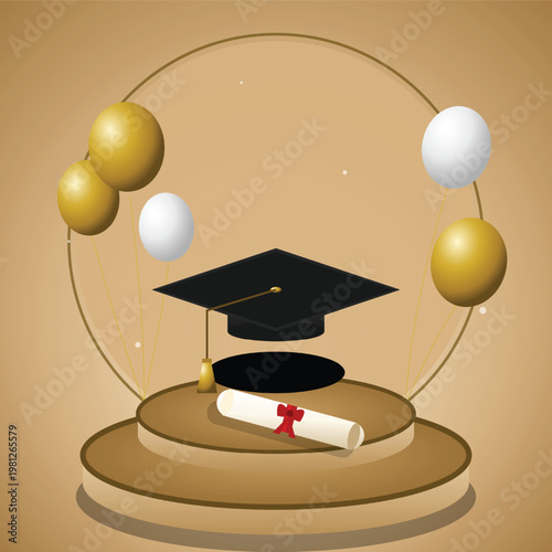 Graduation Day Celebration with Cap, Diploma, and Balloons on a Stage