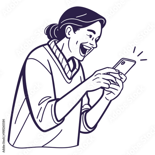 A dark blue line drawing of a woman looking shocked while holding a cellphone