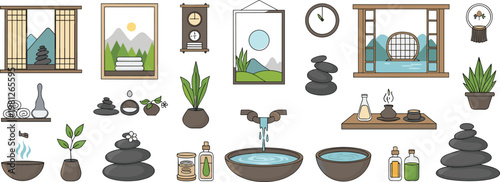 Zen Spa And Wellness Vector Set Featuring Balanced Stones Bamboo Plants Water Fountains Essential Oils And Oriental Windows For Relaxation Therapy Meditation And Luxury Beauty Graphic Designs