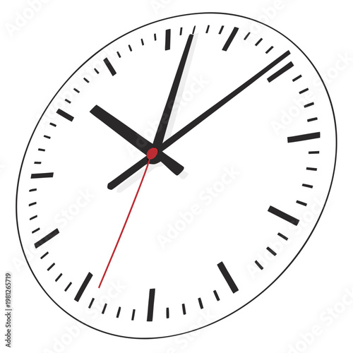 A clock face with black hands and red second hand